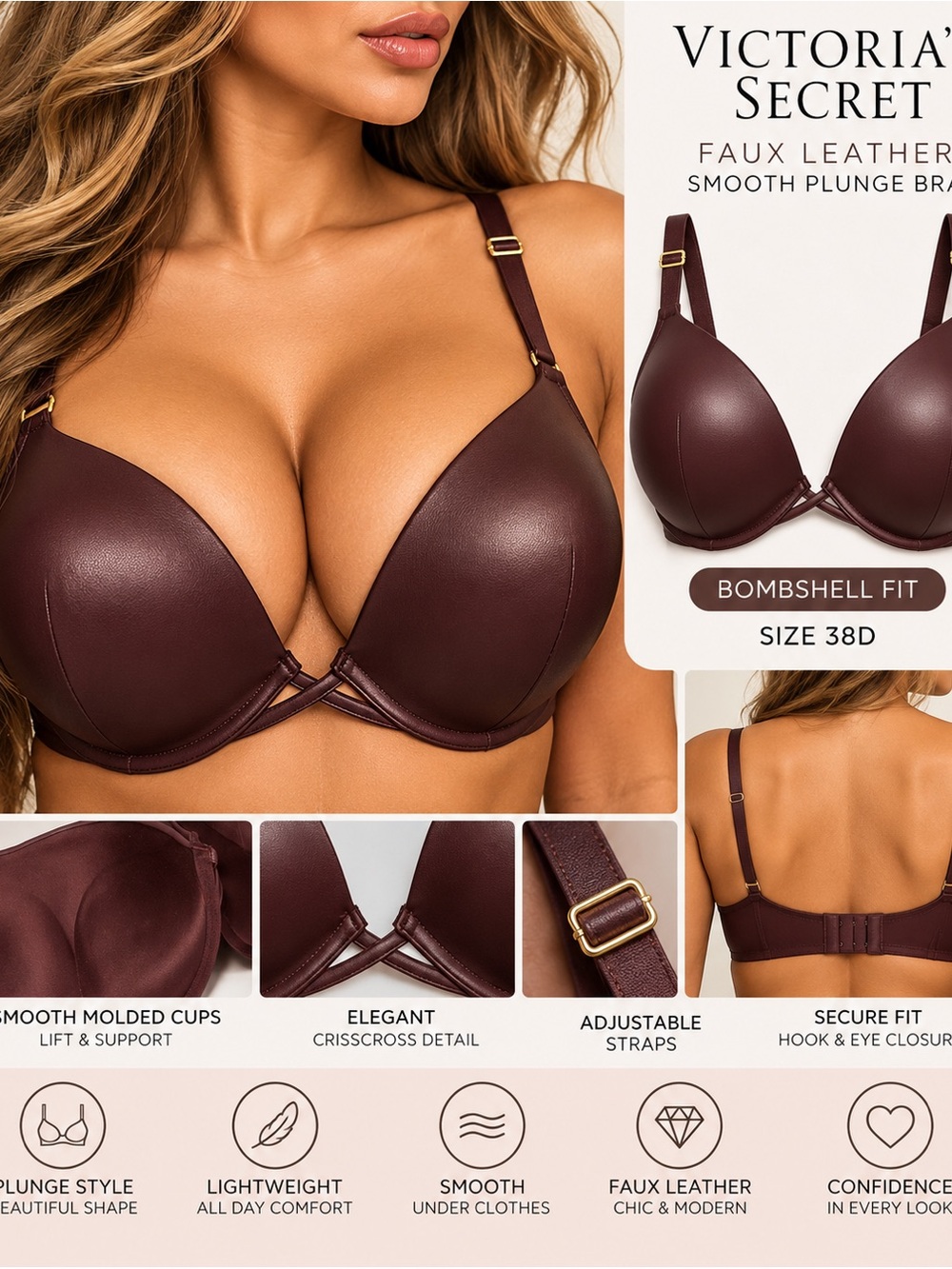 Victoria's Secret faux leather Smooth Plunge Bra brown bombshell Sz 38D NWT